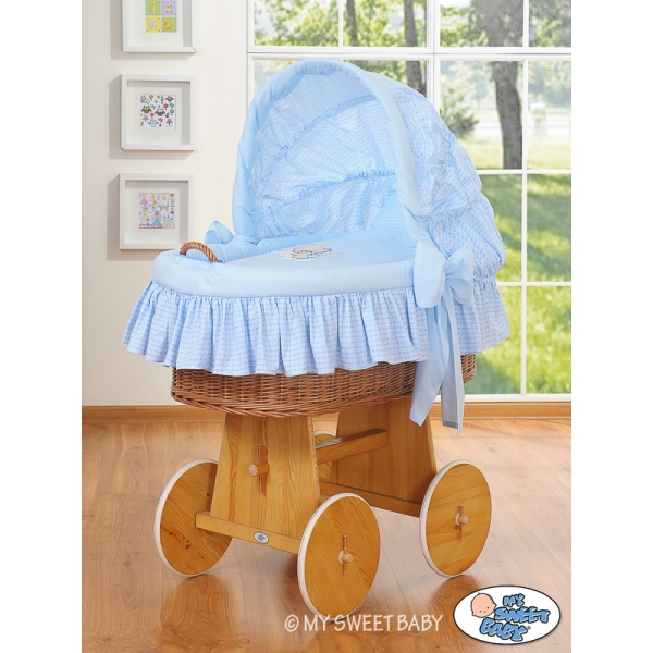 Bettwäsche für Stubenwagen mit Bär Stickerei Blau