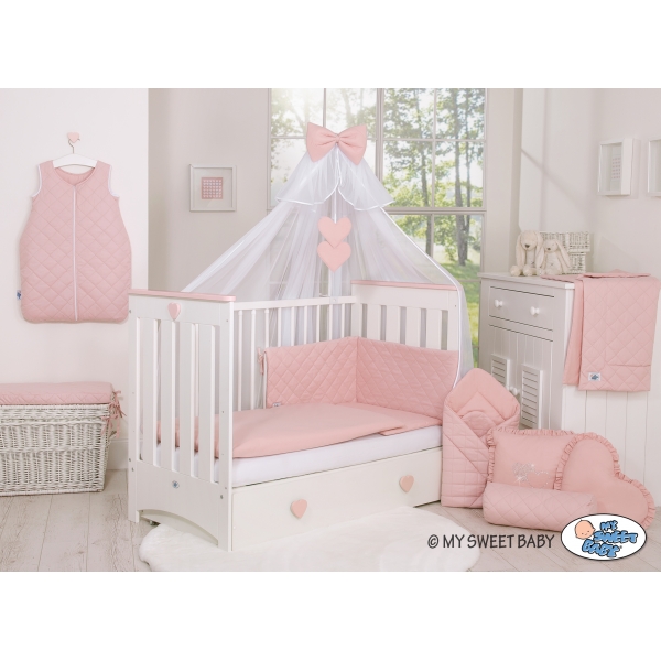 Bettwäsche Set 5-tlg mit Moskitonetz Babybett Kopfschutz gesteppt- altrosa