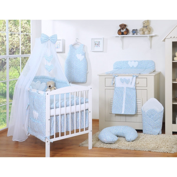 Bettwäsche-Set 5-tlg mit Moskitonetz - Hängende Herzen blaue Blümchen