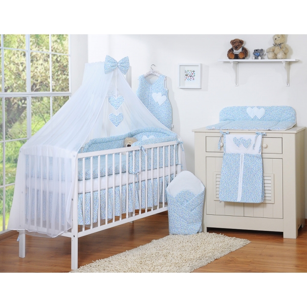 Bettwäsche-Set 5-tlg mit Moskitonetz - Hängende Herzen blaue Blümchen