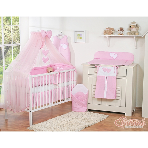 Baby Bettwäsche Rosa 5-tlg mit Moskitonetz - Hängende Herzen