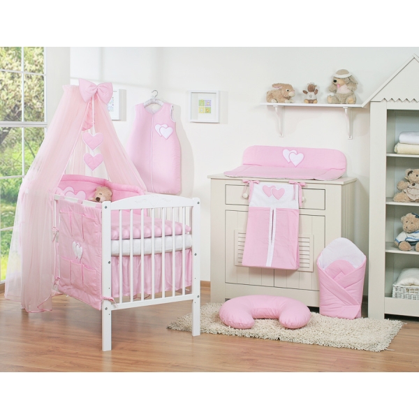 Baby Bettwäsche Rosa 5-tlg mit Moskitonetz - Hängende Herzen