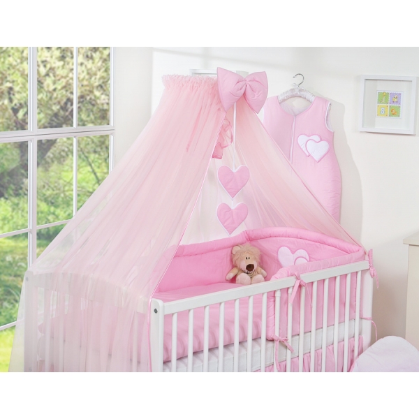 Baby Bettwäsche Rosa 5-tlg mit Moskitonetz - Hängende Herzen