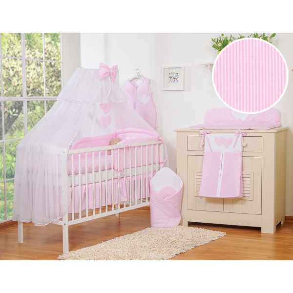 Bettwäsche-Set 5-tlg mit Moskitonetz - Hängende Herzen Rosa gestreift
