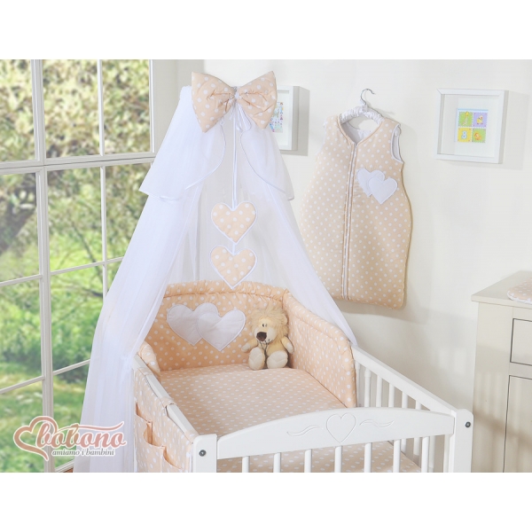 Bettwäsche Set Babybett 11-tlg mit Moskitonetz - Hängende Herzen Beige-Punktemuster