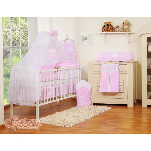 Bettwäsche Set Babybett 11-tlg mit Moskitonetz - Hängende Herzen Rosa-Punktemuster