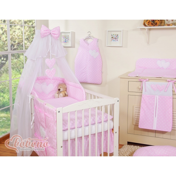 Bettwäsche Set Babybett 11-tlg mit Moskitonetz - Hängende Herzen Rosa-Punktemuster