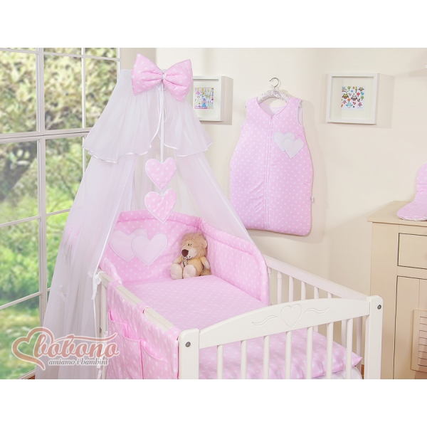Bettwäsche Set Babybett 11-tlg mit Moskitonetz - Hängende Herzen Rosa-Punktemuster