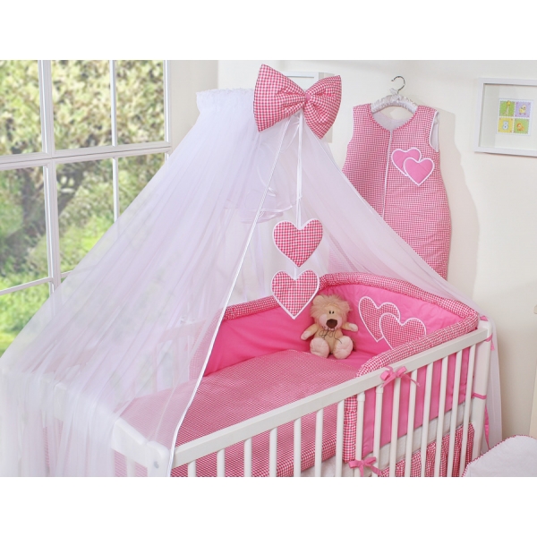 Bettwäsche Set Babybett 7-tlg mit Moskitonetz - Hängende Herzen dunkel rosa kariert