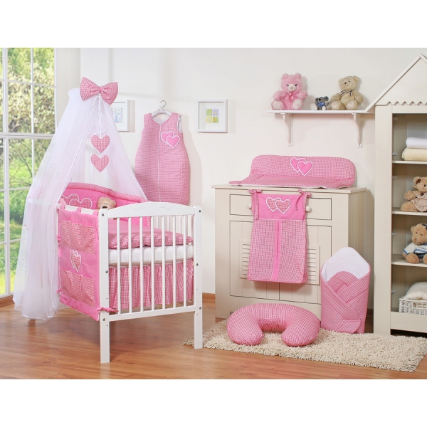 Bettwäsche Set Babybett 7-tlg mit Moskitonetz - Hängende Herzen dunkel rosa kariert
