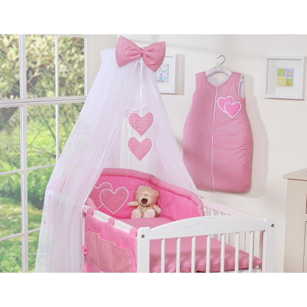 Bettwäsche Set Babybett 7-tlg mit Moskitonetz - Hängende Herzen dunkel rosa kariert