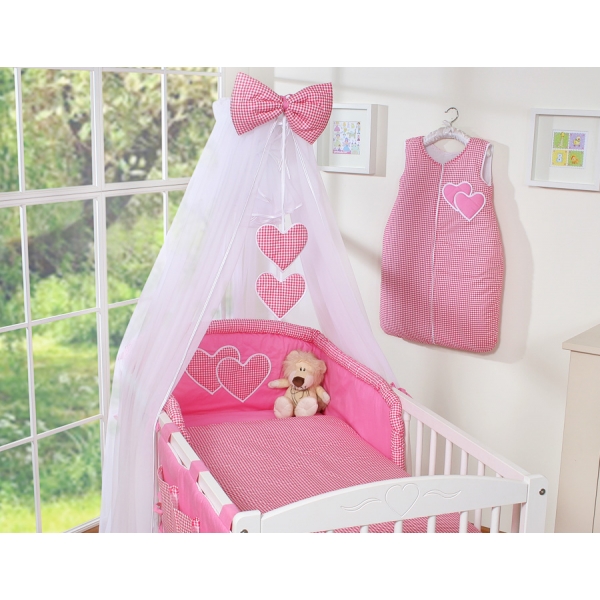 Bettwäsche Set Babybett 7-tlg mit Moskitonetz - Hängende Herzen dunkel rosa kariert