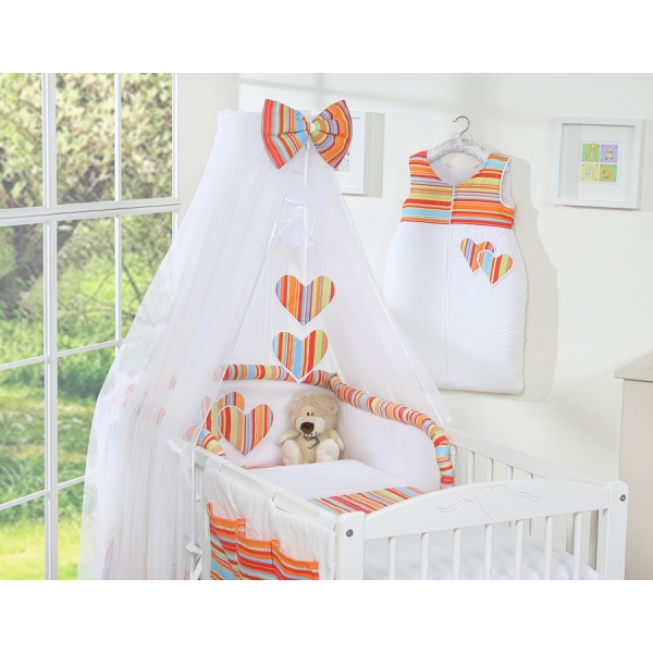 Bettwäsche Set Babybett 7-tlg mit Moskitonetz - Hängende Herzen orange gestreift