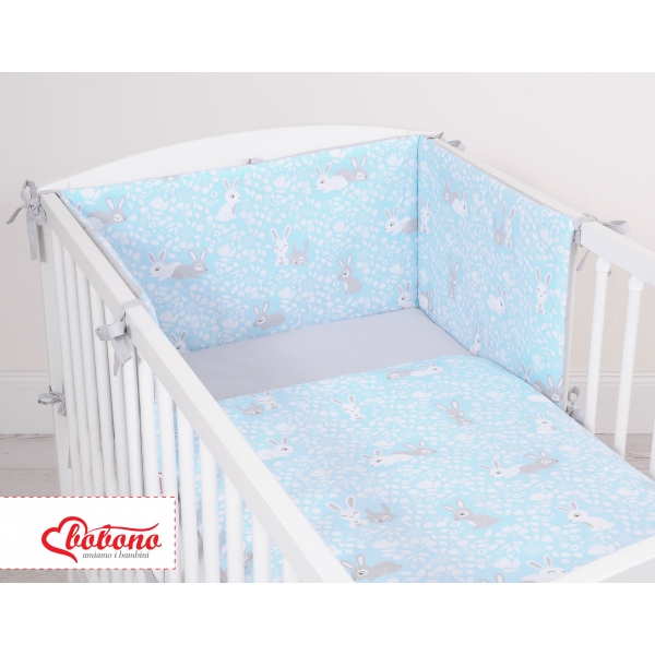 Bettwäsche Set für Babybett 3-tlg - doppelseitig - blaue Hasen/grau