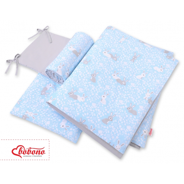 Bettwäsche Set für Babybett 3-tlg - doppelseitig - blaue Hasen/grau