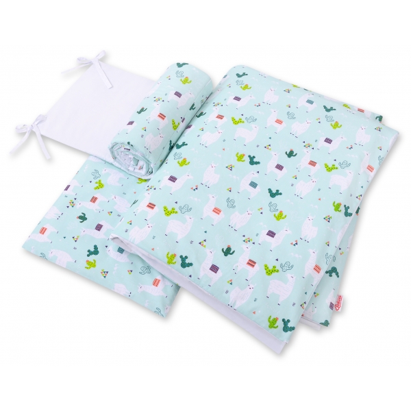 Bettwäsche Set für Babybett 3-tlg - doppelseitig - Lamas minze/weiß