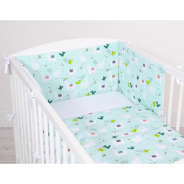 Bettwäsche Set für Babybett 3-tlg - doppelseitig - Lamas minze/weiß
