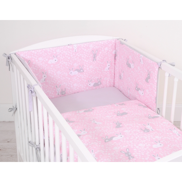 Bettwäsche Set für Babybett 3-tlg - doppelseitig - rosa Hasen/grau