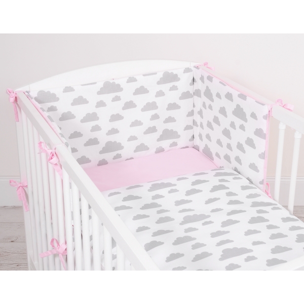 Bettwäsche Set für Babybett 3-tlg - doppelseitig - Wolken grau/rosa