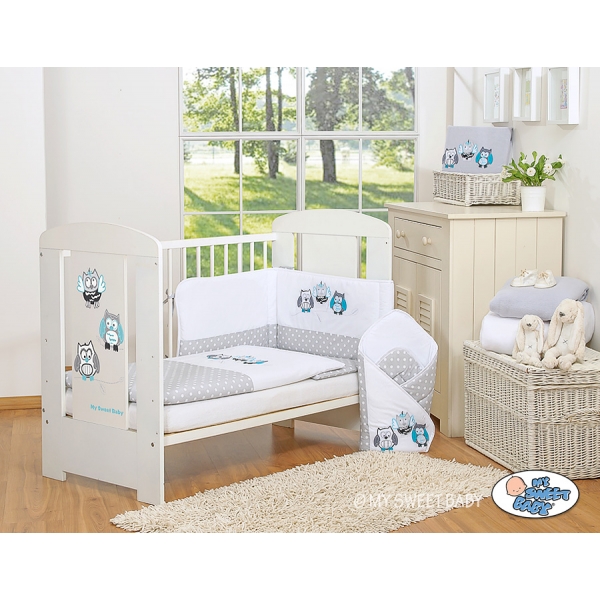 Bettwäsche Set für Babybett 3-tlg - Eulen Bigi Zibi & Adele grau-türkis