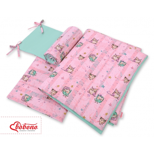 Bettwäsche Set für Babybett 3-tlg - Eulen rosa-minze