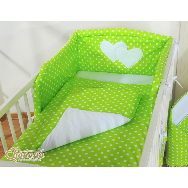 Bettwäsche Set für Babybett 3-tlg - Hängende Herzen Grün-Punktemuster