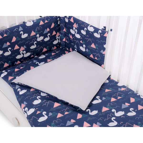 Bettwäsche Set für Babybett 3-tlg - Schwäne dunkelblau