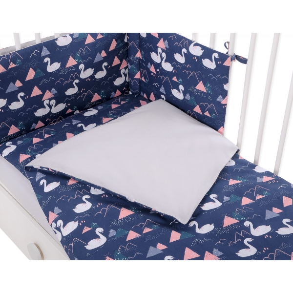 Bettwäsche Set für Babybett 3-tlg - Schwäne dunkelblau