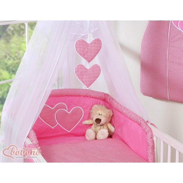 Bettwäscheset 11-tlg mit Moskitonetz für Babybett - Hängende Herzen dunkel rosa kariert