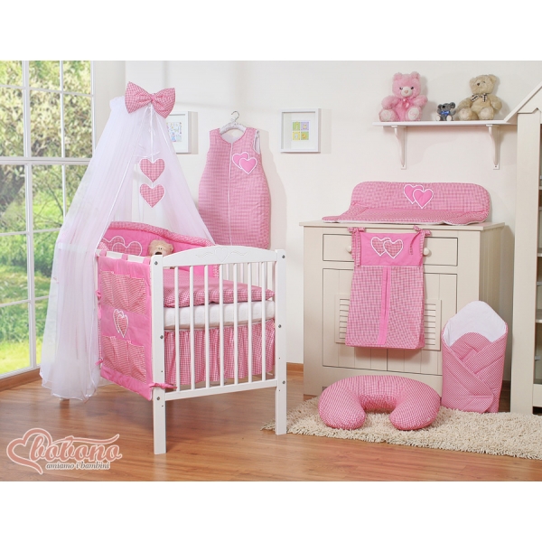 Bettwäscheset 11-tlg mit Moskitonetz für Babybett - Hängende Herzen dunkel rosa kariert