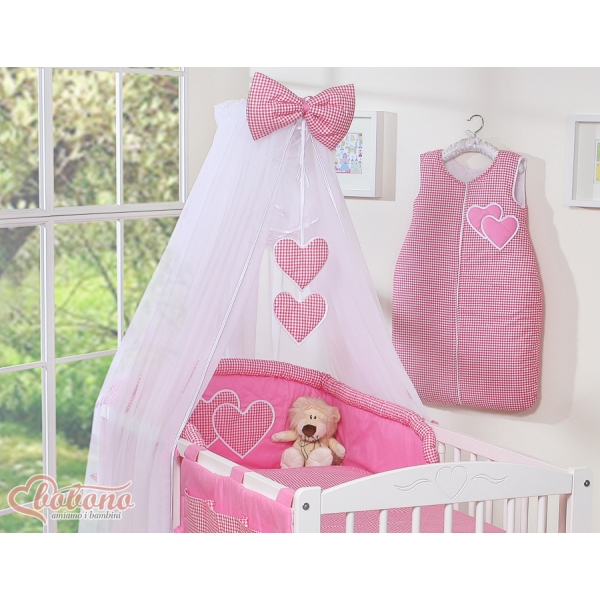Bettwäscheset 11-tlg mit Moskitonetz für Babybett - Hängende Herzen dunkel rosa kariert
