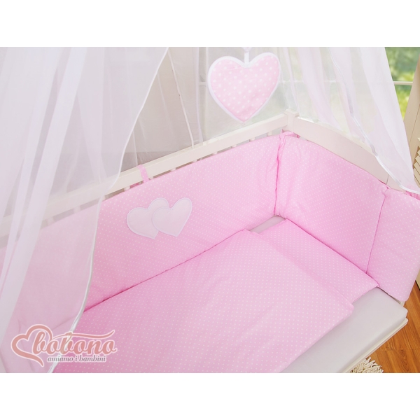 Bettwäscheset 6tlg für Beistellbett FABIO - Hängende Herzen Rosa-Punktemuster