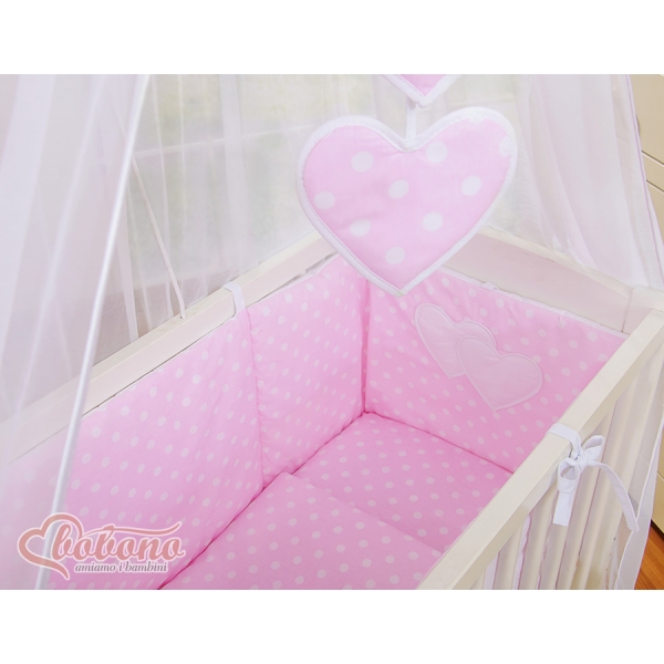 Bettwäscheset 6tlg für Beistellbett FABIO - Hängende Herzen Rosa-Punktemuster
