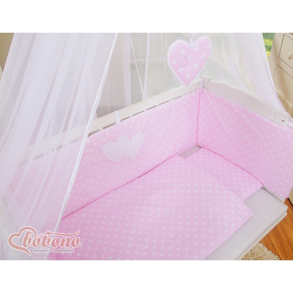 Bettwäscheset 6tlg für Beistellbett FABIO - Hängende Herzen Rosa-Punktemuster
