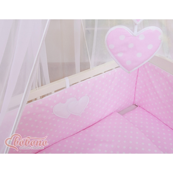 Bettwäscheset 6tlg für Beistellbett FABIO - Hängende Herzen Rosa-Punktemuster