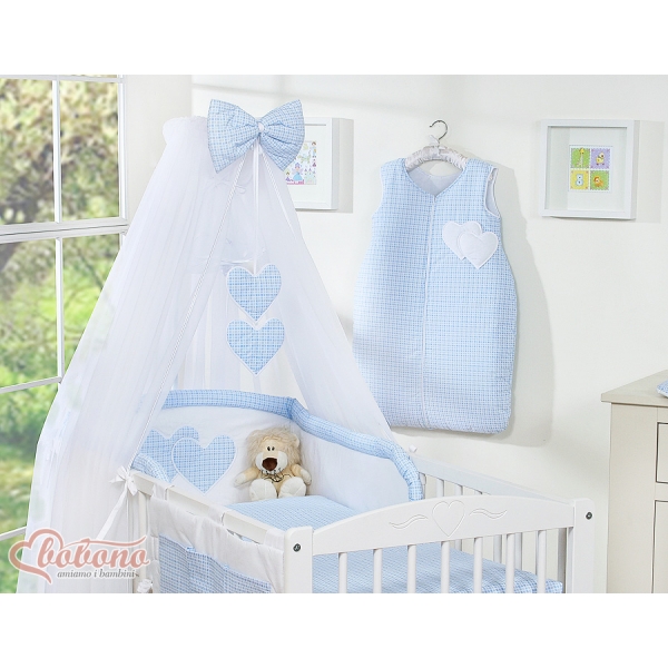 Bettwäscheset Babybett 11-tlg mit Moskitonetz - Hängende Herzen blau kariert