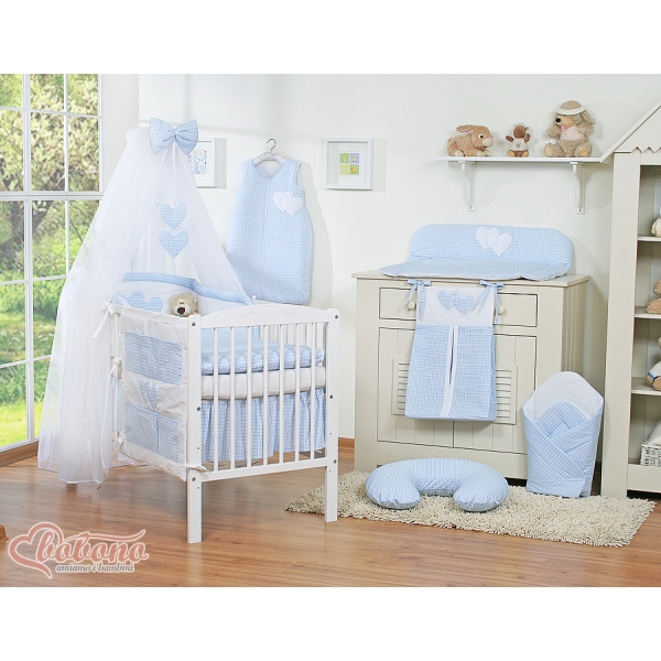 Bettwäscheset Babybett 11-tlg mit Moskitonetz - Hängende Herzen blau kariert