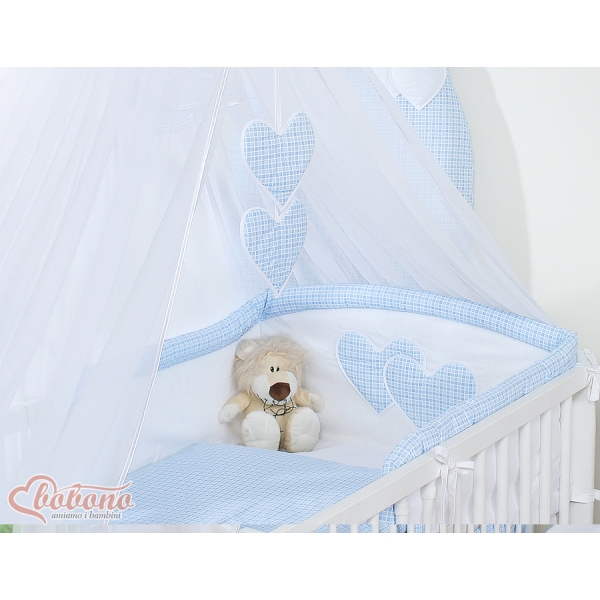 Bettwäscheset Babybett 11-tlg mit Moskitonetz - Hängende Herzen blau kariert