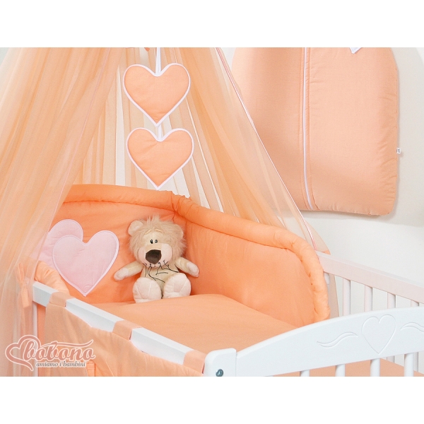 Bettwäscheset Babybett 11-tlg mit Moskitonetz - Hängende Herzen pfirsich