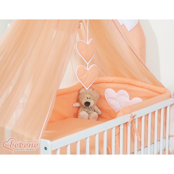 Bettwäscheset Babybett 11-tlg mit Moskitonetz - Hängende Herzen pfirsich