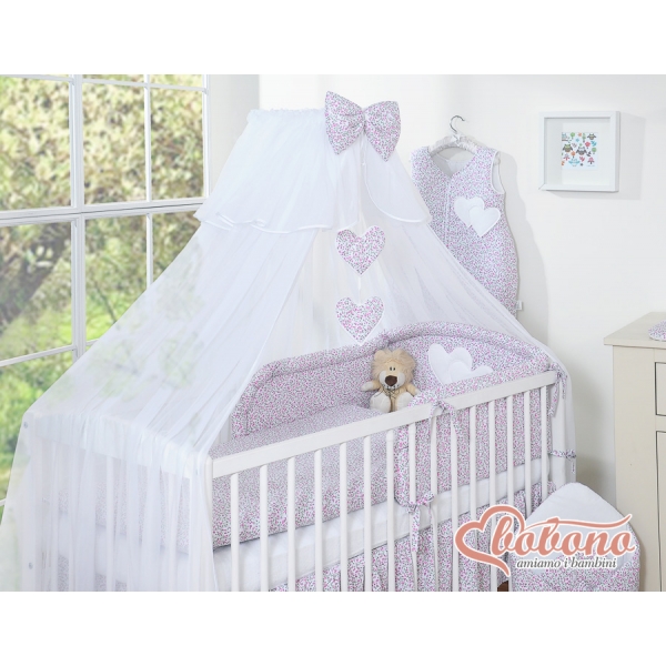Bettwäscheset Babybett 11-tlg mit Moskitonetz - Hängende Herzen rosa Blümchen