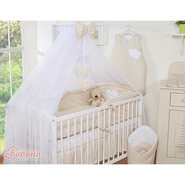 Bettwäscheset für Babybett 11-tlg mit Moskitonetz - Hängende Herzen Beige-Punktemuster