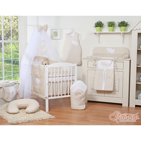 Bettwäscheset für Babybett 11-tlg mit Moskitonetz - Hängende Herzen Beige-Punktemuster