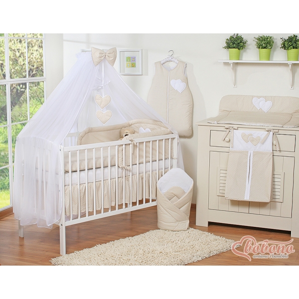 Bettwäscheset für Babybett 11-tlg mit Moskitonetz - Hängende Herzen Beige-Punktemuster