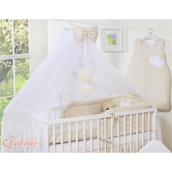 Bettwäscheset für Babybett 11-tlg mit Moskitonetz - Hängende Herzen Beige-Punktemuster