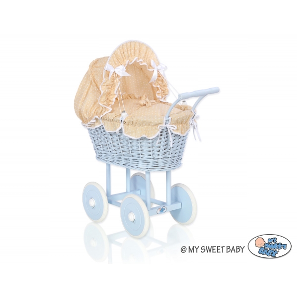 Blau Weide Puppenwagen Bettwäsche Beige mit Weiß Punktmuster aus Korb