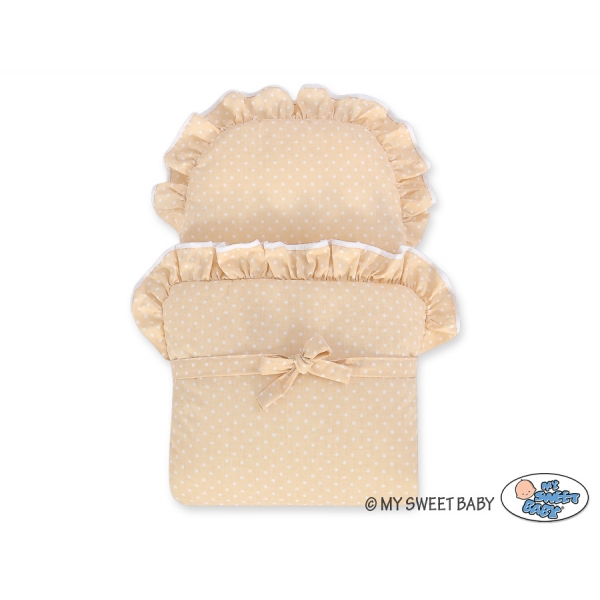 Blau Weide Puppenwagen Bettwäsche Beige mit Weiß Punktmuster aus Korb