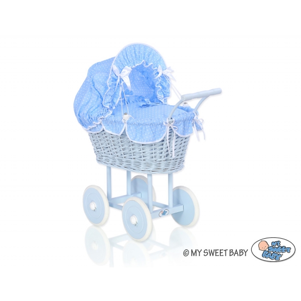 Blau Weide Puppenwagen aus Korb Bettwäsche Blau mit Weiß Punktmuster nr 31699-588