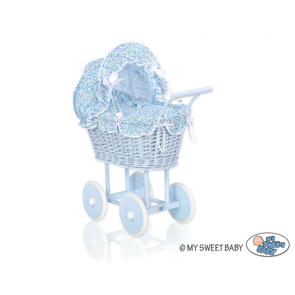 Blau Weide Puppenwagen Bettwäsche blaue Blümchen aus Weidenkorb