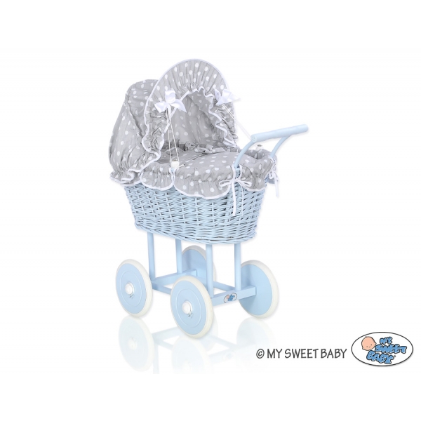 Blau Weide Korb Puppenwagen Bettwäsche Grau mit Weiß Punktmuster nr 31699-583